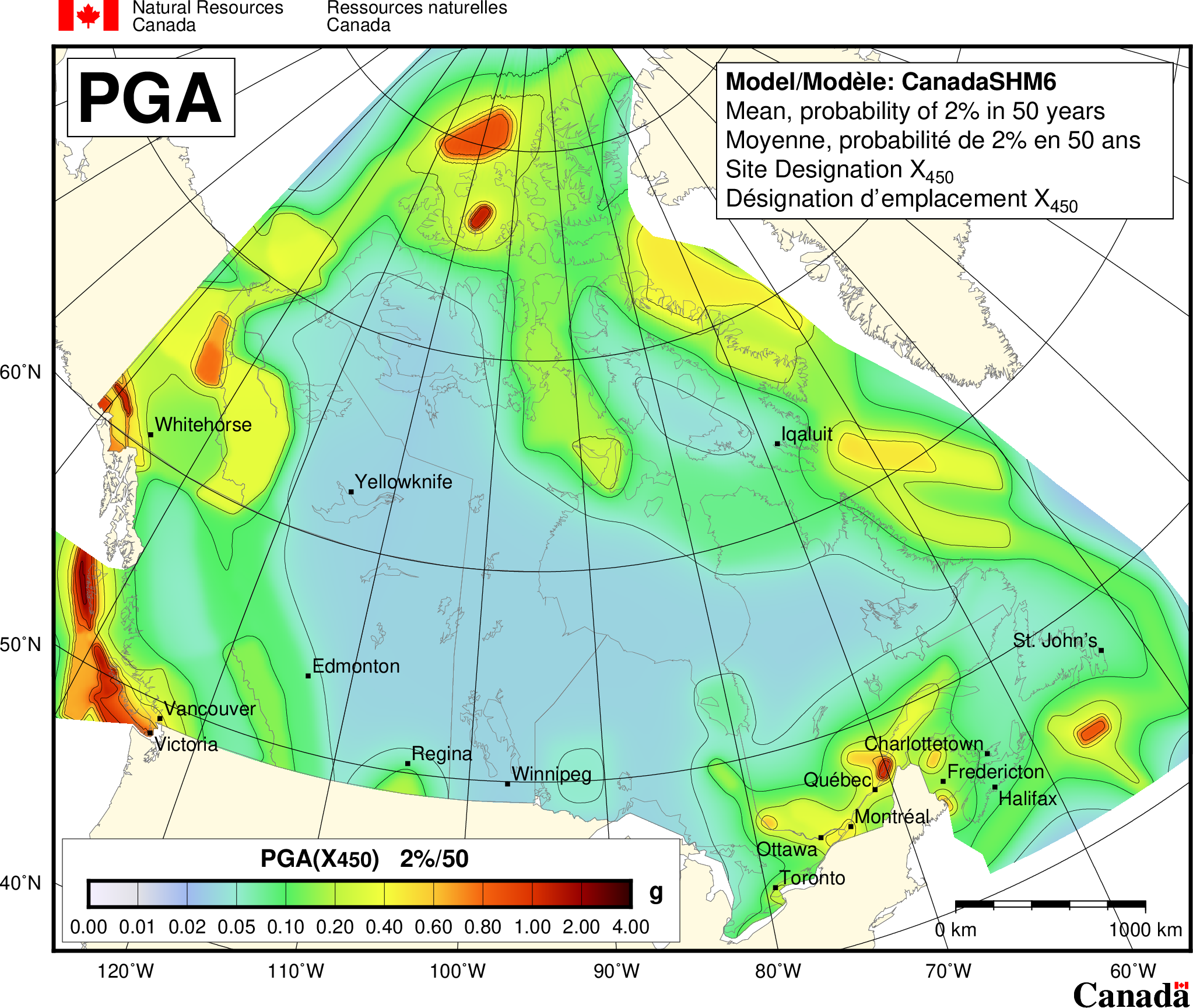 Carte de l'aléa sismique du CNBC 2020 - PGA Carte de l'aléa sismique du CNBC 2020 - PGA