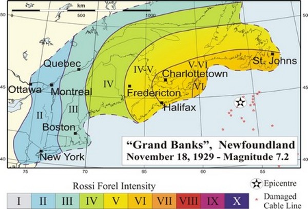 Isoseismic map for Grands Bancs 1929 Isoseismal map
