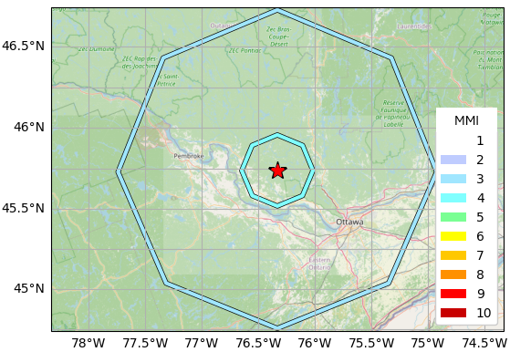 Shaking intensity contours approximated by the national Earthquake Early Warning system, with the larger, blue contour indicating shaking at intensity III, and the smaller, aqua contour indicating intensity IV. The red star shows the earthquake&rsquo;s epicentre