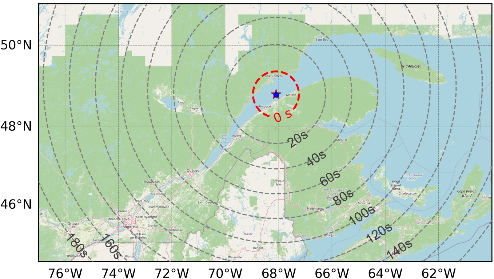 map of earthquake&rsquo;s epicentre (star) and EEW warning times (concentric dashed circles)]