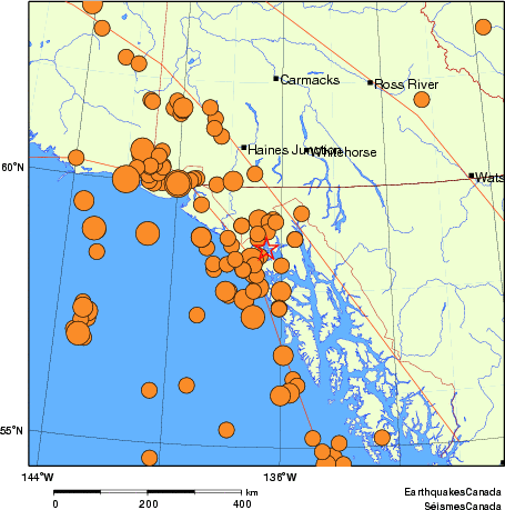 Map of historical earthquakes magnitude 5.0 and larger.  Details in the data table below