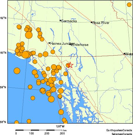 Map of historical earthquakes magnitude 5.0 and larger.  Details in the data table below