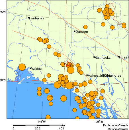 Map of historical earthquakes magnitude 5.0 and larger.  Details in the data table below