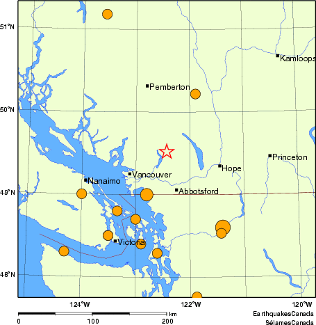 Map of historical earthquakes magnitude 5.0 and larger.  Details in the data table below