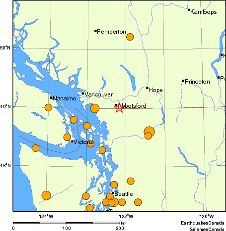 Map of historical earthquakes magnitude 5.0 and larger.  Details in the data table below