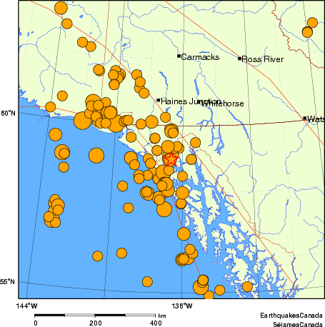 Map of historical earthquakes magnitude 5.0 and larger.  Details in the data table below
