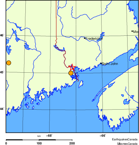 Map of historical earthquakes magnitude 5.0 and larger.  Details in the data table below