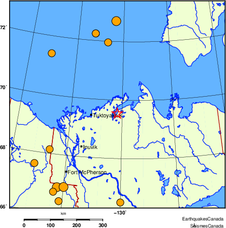 Map of historical earthquakes magnitude 5.0 and larger.  Details in the data table below