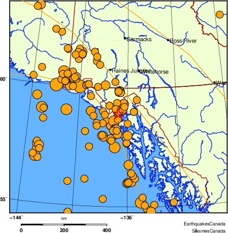 Map of historical earthquakes magnitude 5.0 and larger.  Details in the data table below