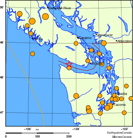 Map of historical earthquakes magnitude 5.0 and larger.  Details in the data table below
