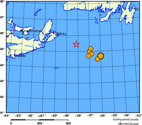 carte des séismes historiques de magnitude 5,0 et plus.  Détails dans le tableau de données ci-dessous