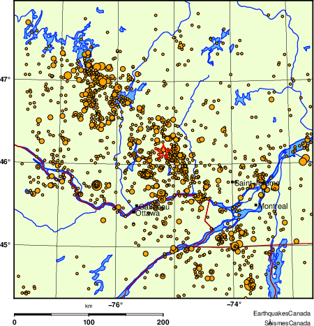 carte des des séismes de magnitude 2,0 et plus depuis 2000