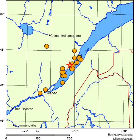 Map of historical earthquakes magnitude 5.0 and larger.  Details in the data table below