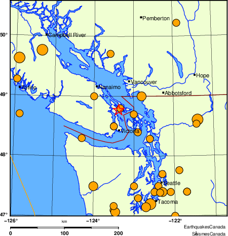 Map of historical earthquakes magnitude 5.0 and larger.  Details in the data table below