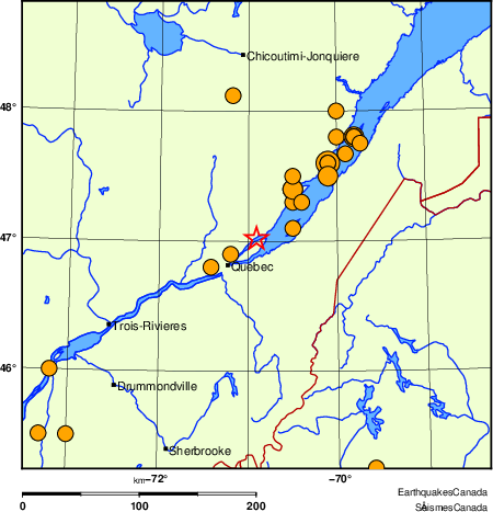 Map of historical earthquakes magnitude 5.0 and larger.  Details in the data table below