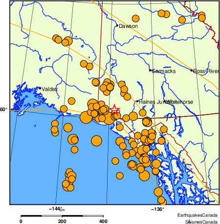Map of historical earthquakes magnitude 5.0 and larger.  Details in the data table below
