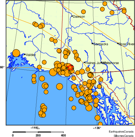 carte des s&eacute;ismes historiques de magnitude 5,0 et plus.  Détails dans le tableau de données ci-dessous