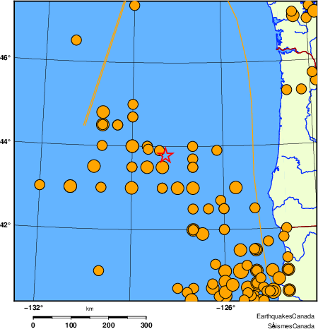 Map of historical earthquakes magnitude 5.0 and larger.  Details in the data table below