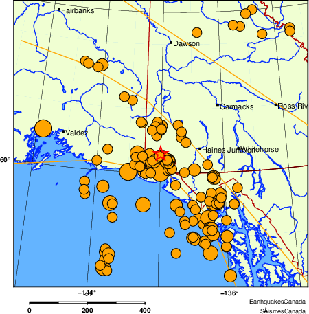 carte des s&eacute;ismes historiques de magnitude 5,0 et plus.  Détails dans le tableau de données ci-dessous