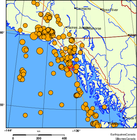 carte des s&eacute;ismes historiques de magnitude 5,0 et plus.  Détails dans le tableau de données ci-dessous
