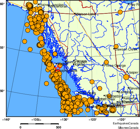 Map of historical earthquakes magnitude 5.0 and larger.  Details in the data table below