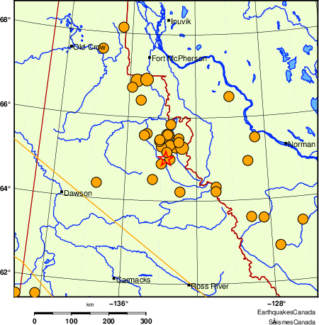 carte des s&eacute;ismes historiques de magnitude 5,0 et plus.  Détails dans le tableau de données ci-dessous
