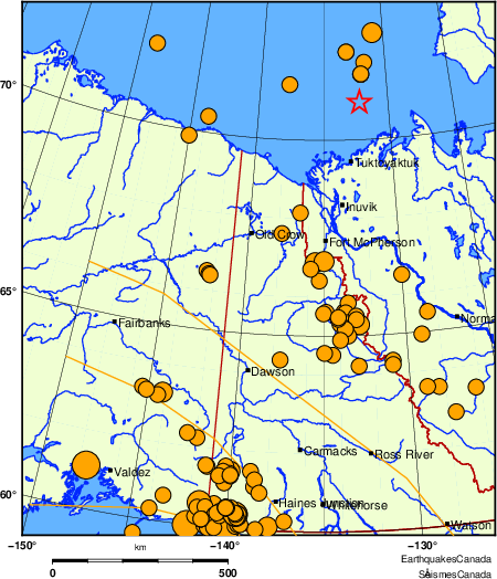 carte des séismes historiques de magnitude 5,0 et plus. Détails dans le tableau de données ci-dessous