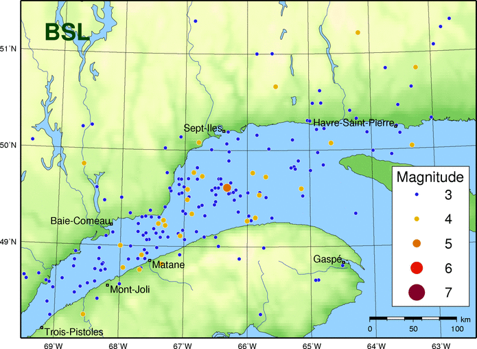 The Lower St. Lawrence (BSL) region Map of historic events in the Lower St Lawrence Seismic Zone