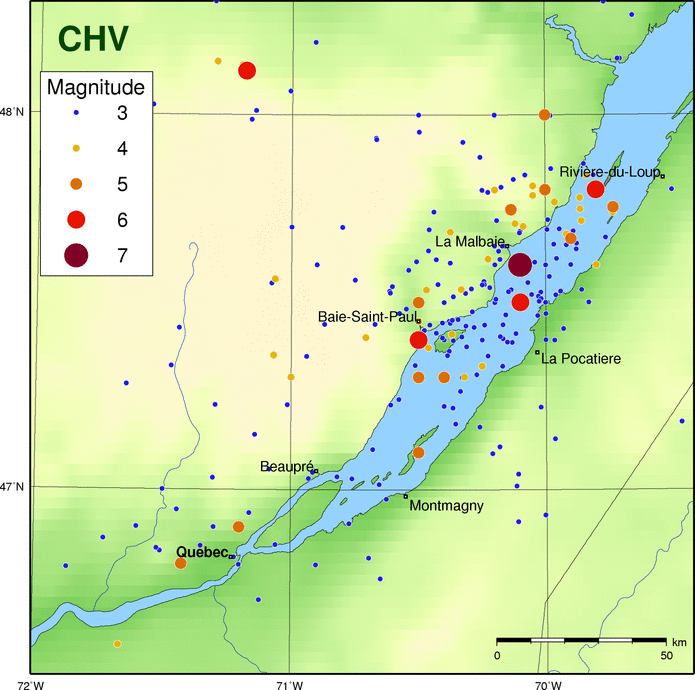 The Charlevoix-Kamouraska (CHV) region Map of historic events in the Charlevoix Seismic Zone