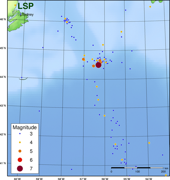 Map of historic events in the Lower St. Lawrence Seismic Zone