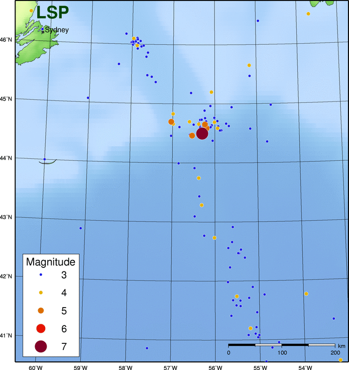 The Laurentian Slope (LSP) region Map of historic events in the Lower St. Lawrence Seismic Zone
