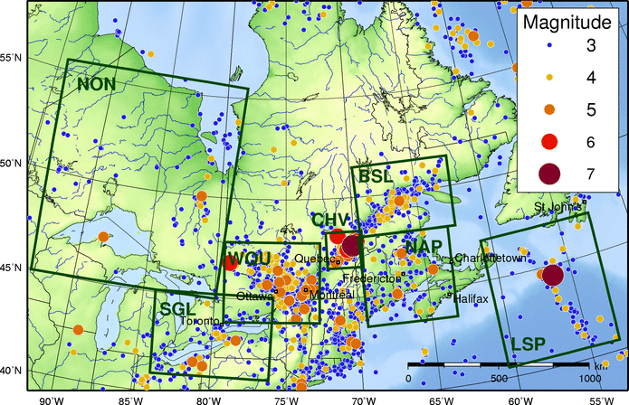 Zones sismiques du sud-est du Canada