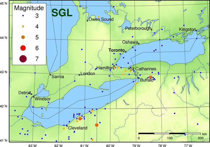 Southern Great Lakes (SGL) region Map of historic events in the southern Great Lakes Seismic Zone