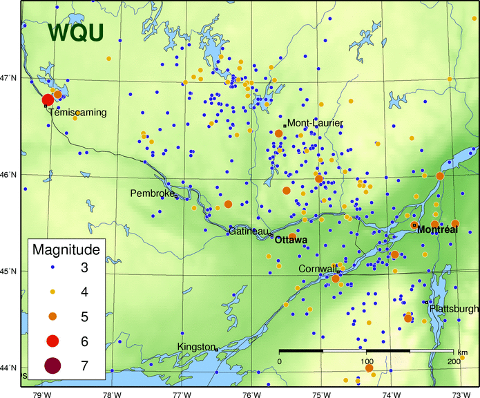 The West Quebec (WQU) region Map of historic events in the Western Quebec Seismic Zone